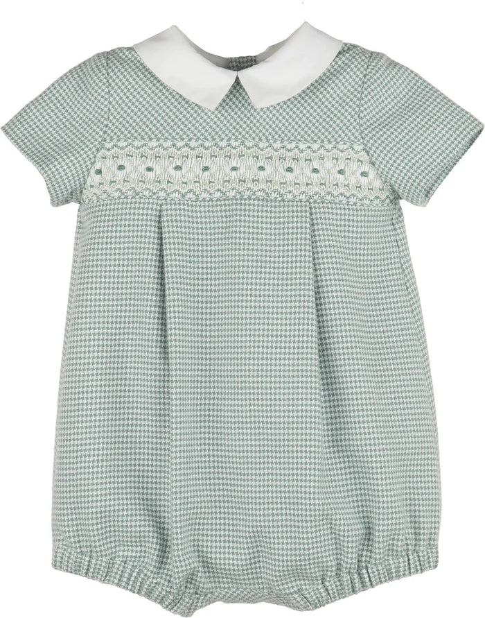 Green checkered baby romper with white collar on a white background