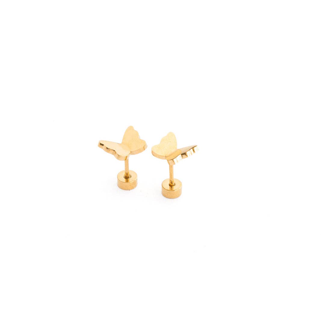 A pair of gold butterfly stud earrings on a solid white background.
