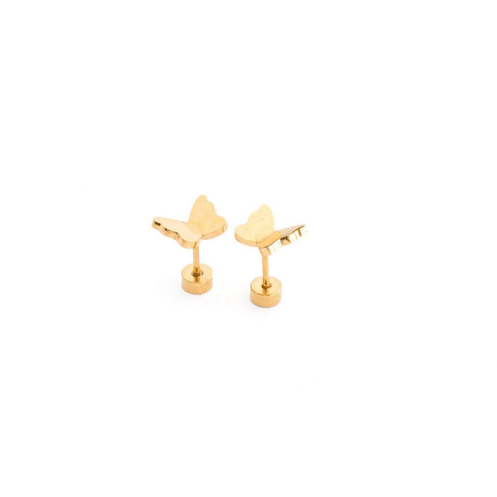 A pair of gold butterfly stud earrings on a solid white background.
