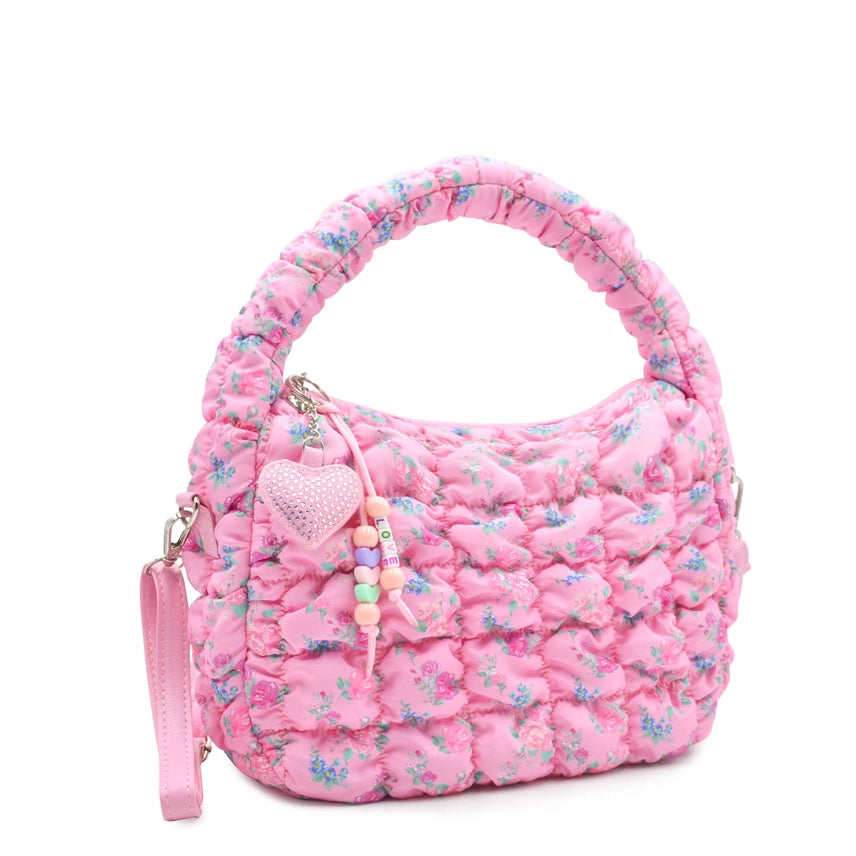 OMG ACCESORIES QUILTED SCRUNCHIES FLORAL MINI CROSSBODY PINK