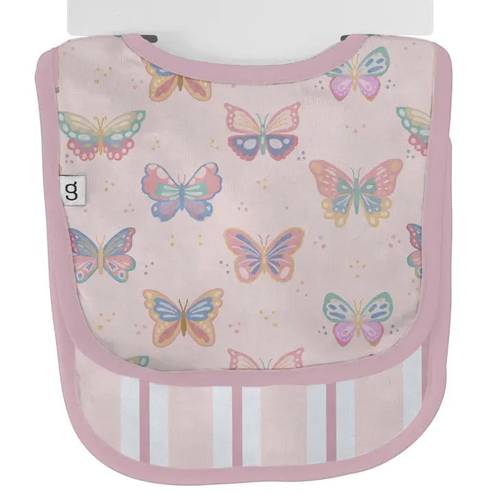 A baby bib with a pastel pink background and multicolored butterfly print, featuring a pink border and white vertical stripes on the lower front.