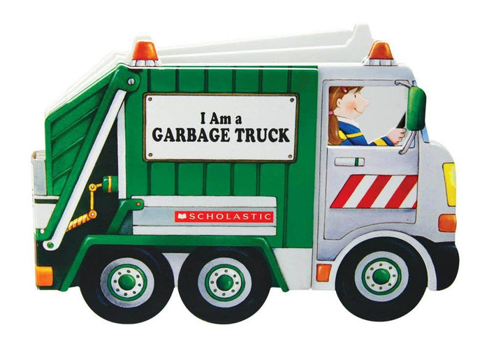 Toy garbage truck with a Scholastic logo on a white background
