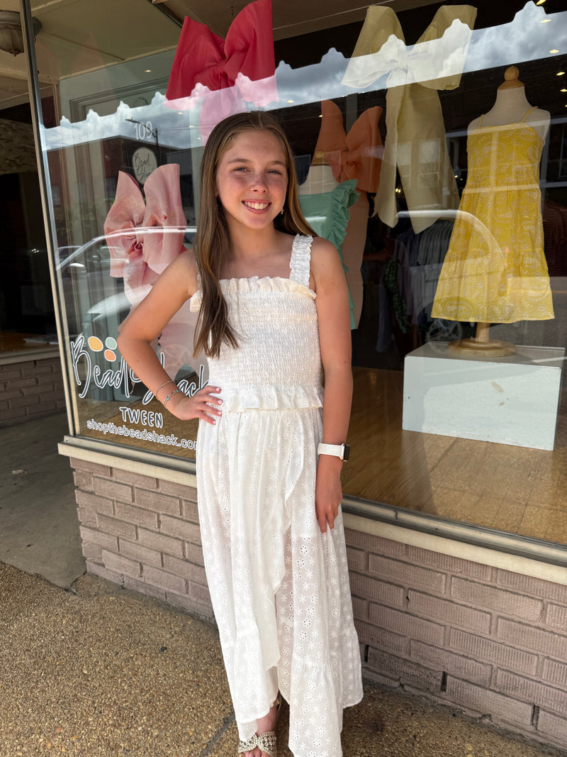 LITTLE OLIN WHITE LONG SMOCKED RUFFLE SKIRT