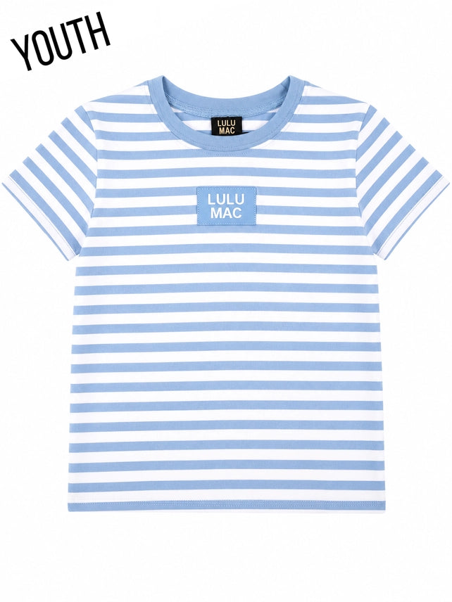 A youth short-sleeve t-shirt with light blue and white horizontal stripes, featuring a small light blue rectangular patch on the left chest with the text 'LULU MAC' in white. The word 'YOUTH' is printed in black in the top-left corner.