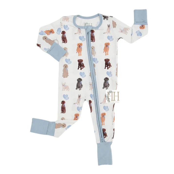 HAMNER HILL VALENTINE BLUE PUPPY PARTY DOUBLE ZIPPER ROMPER