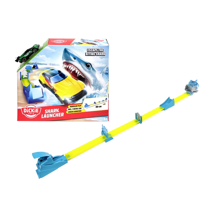 Toy shark launcher with a car on a white background