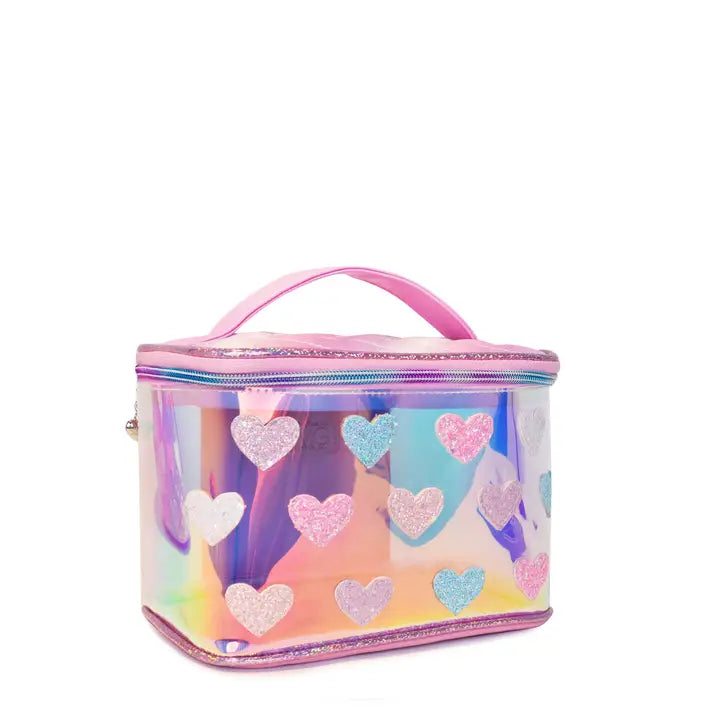 OMG ACCESORIES GLITTER HEART PATCHED CLEAR GLAZED GLAM BAG