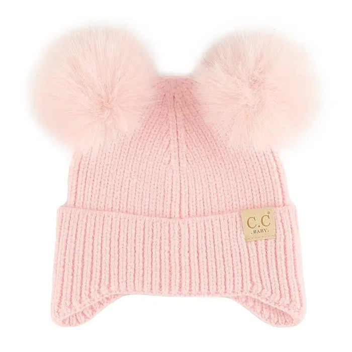 INFANT DOUBLE POM FUR BEANIE WITH EARFLAP LIGHT PINK