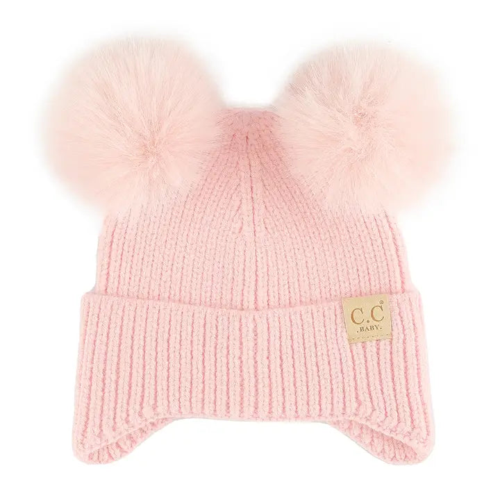 INFANT DOUBLE POM FUR BEANIE WITH EARFLAP LIGHT PINK