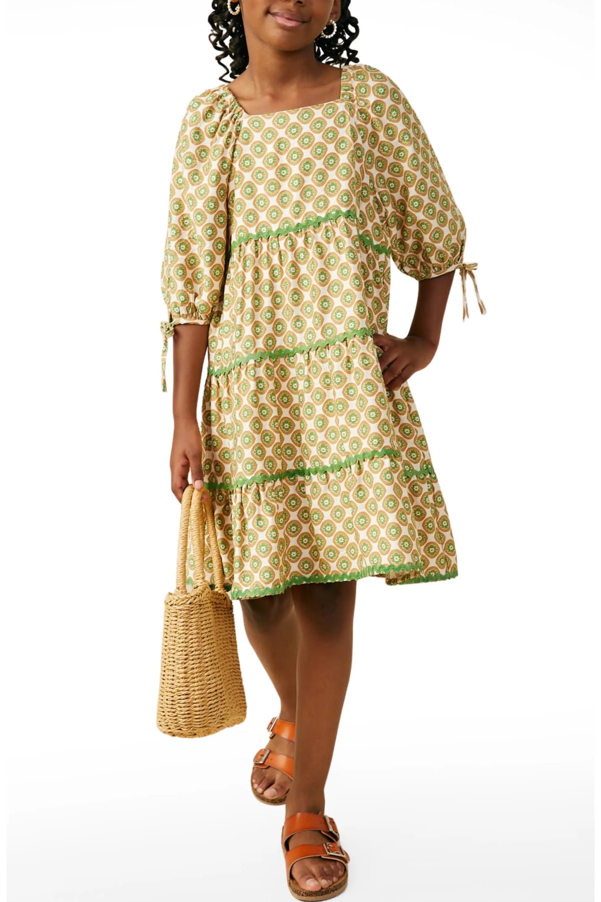 Girls Contrast Wavy Trim Block Print Dress