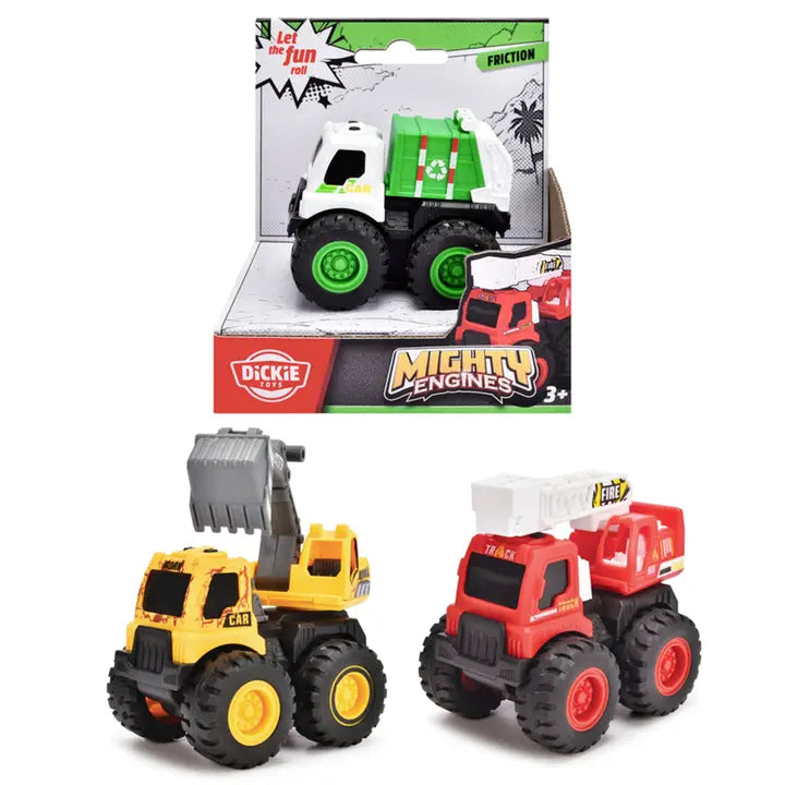 Toy construction vehicles with packaging featuring the brand 'Dickie Toys'.