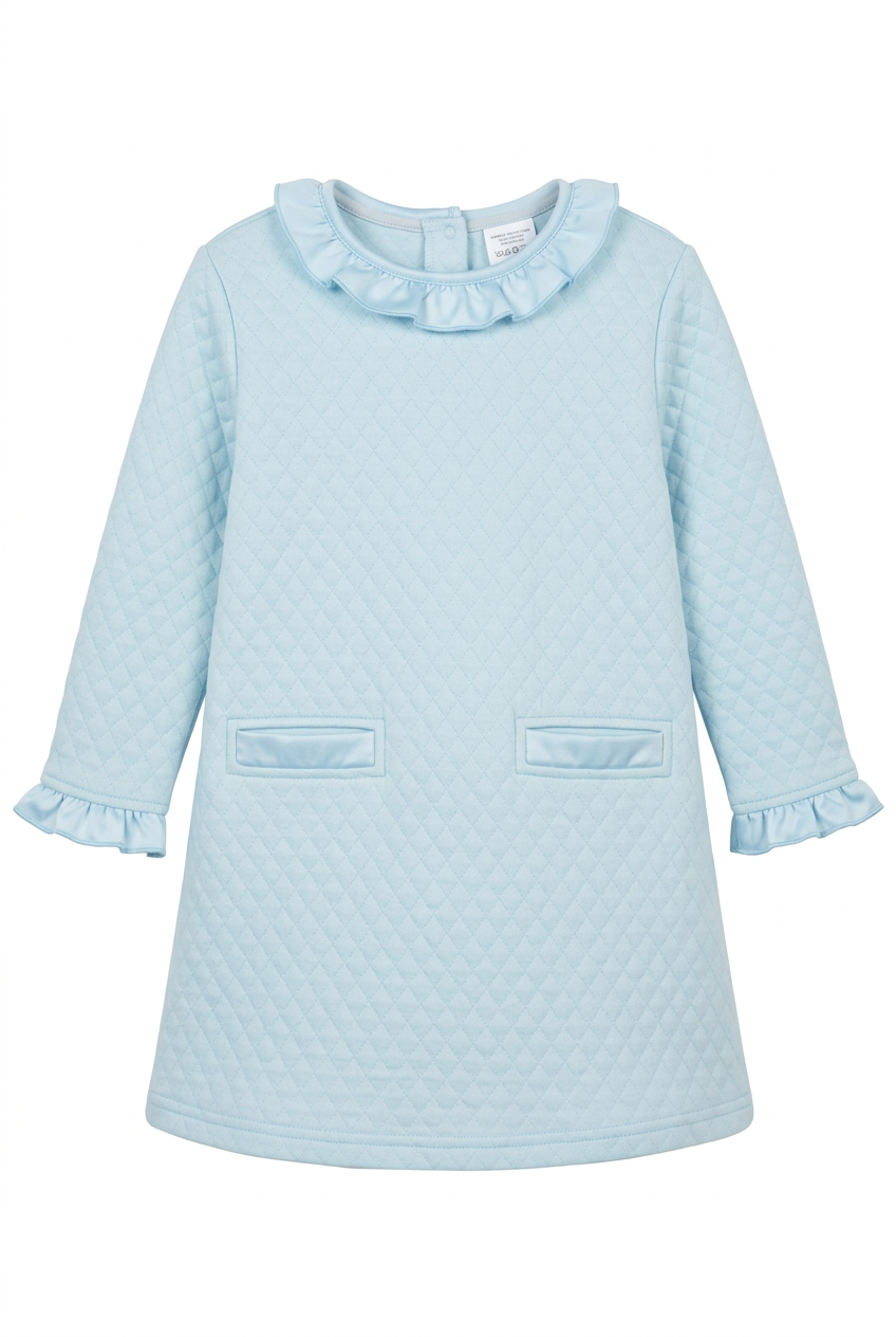 A light blue quilted long-sleeve dress for toddlers, featuring a ruffled collar, ruffled cuffs, and two front patch pockets, shown against a plain white background.