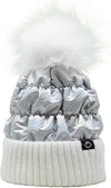 KIDS FAUX FUR PUFFER POM BEANIE WHITE SILVER