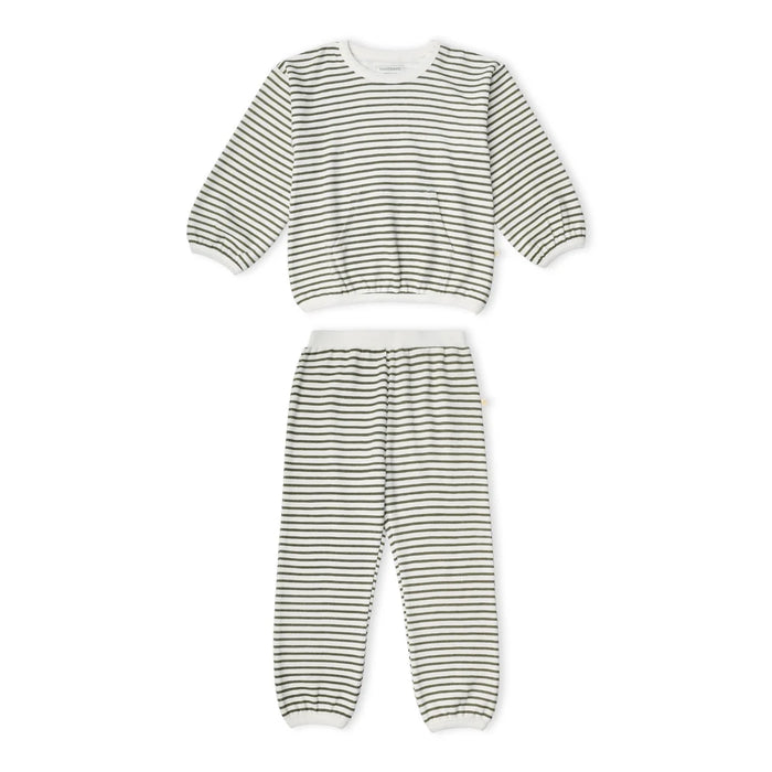 Striped children's outfit with long-sleeve top and pants on a white background