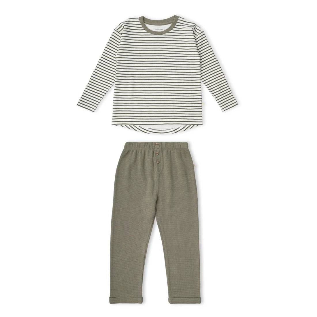 A two-piece children's outfit set featuring a long-sleeve top with thin dark green horizontal stripes on an off-white base, paired with solid olive green pants with a buttoned henley waist.