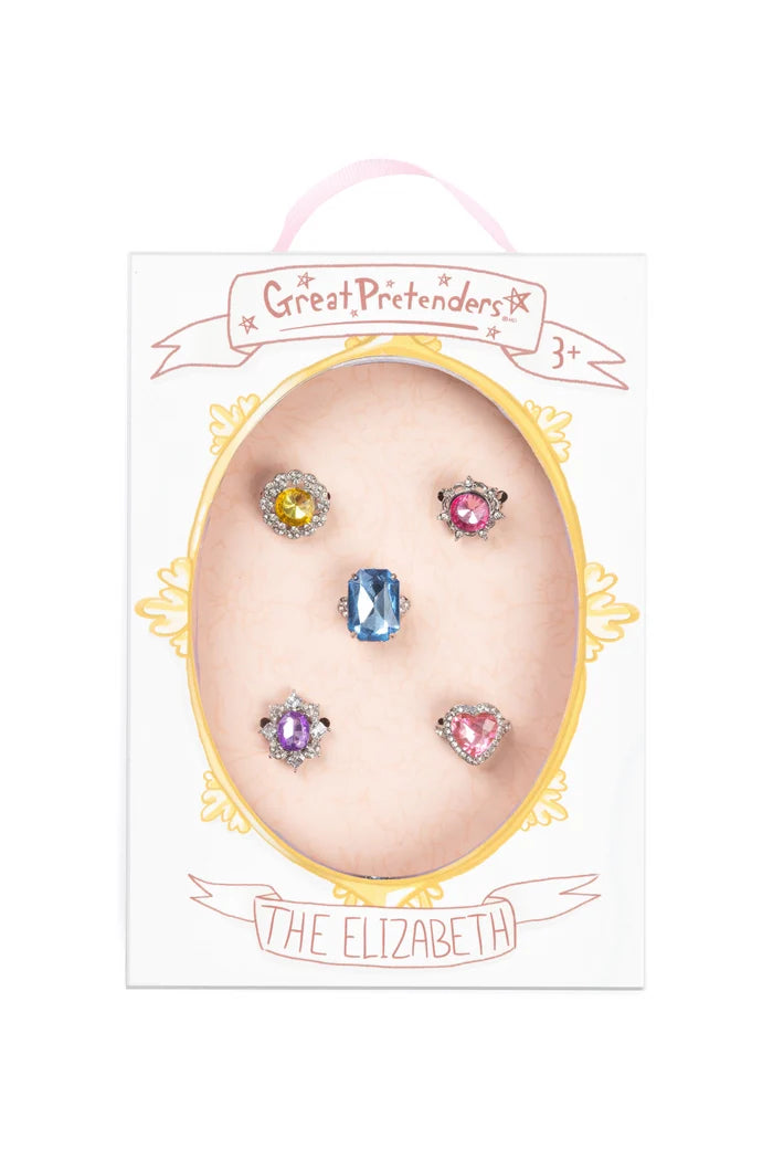 Set of gemstone earrings on a display card with 'The Elizabeth' branding.