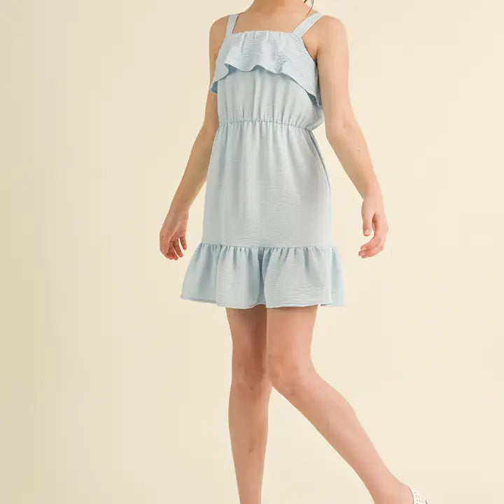 HEART & ARROW STRAPPY RUFFLE DRESS BLUE