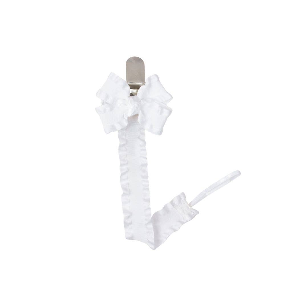 Double Ruffle Pacifier Clip w/ Detachable Bow: White
