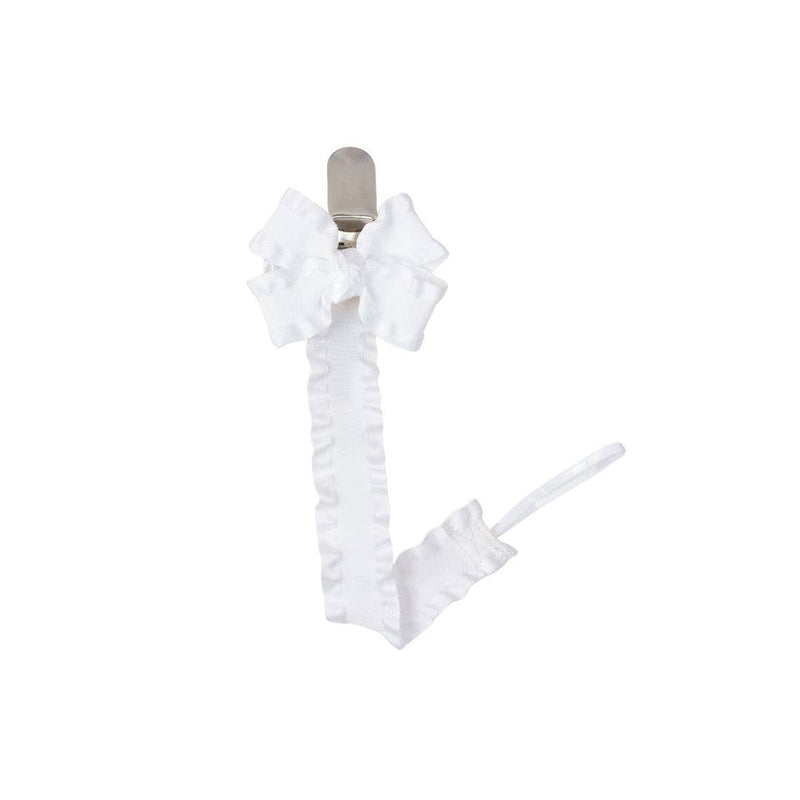 Double Ruffle Pacifier Clip w/ Detachable Bow: White