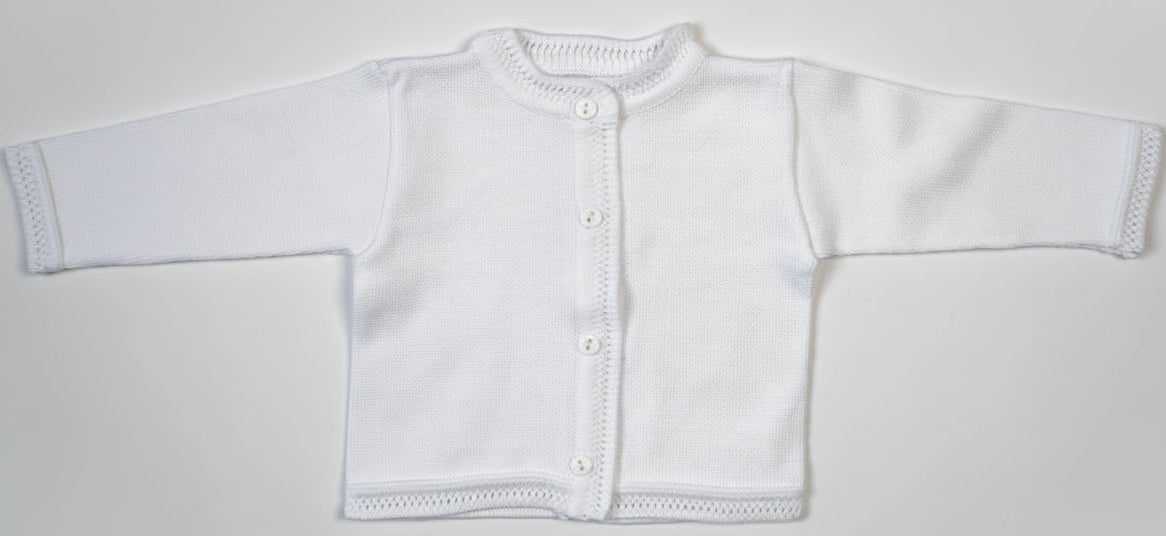 A white long-sleeve baby cardigan with a mock neck, button closure, and ribbed trim, laid flat on a light gray background.