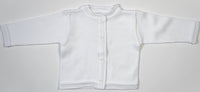 A white long-sleeve baby cardigan with a mock neck, button closure, and ribbed trim, laid flat on a light gray background.