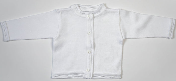 A white long-sleeve baby cardigan with a mock neck, button closure, and ribbed trim, laid flat on a light gray background.