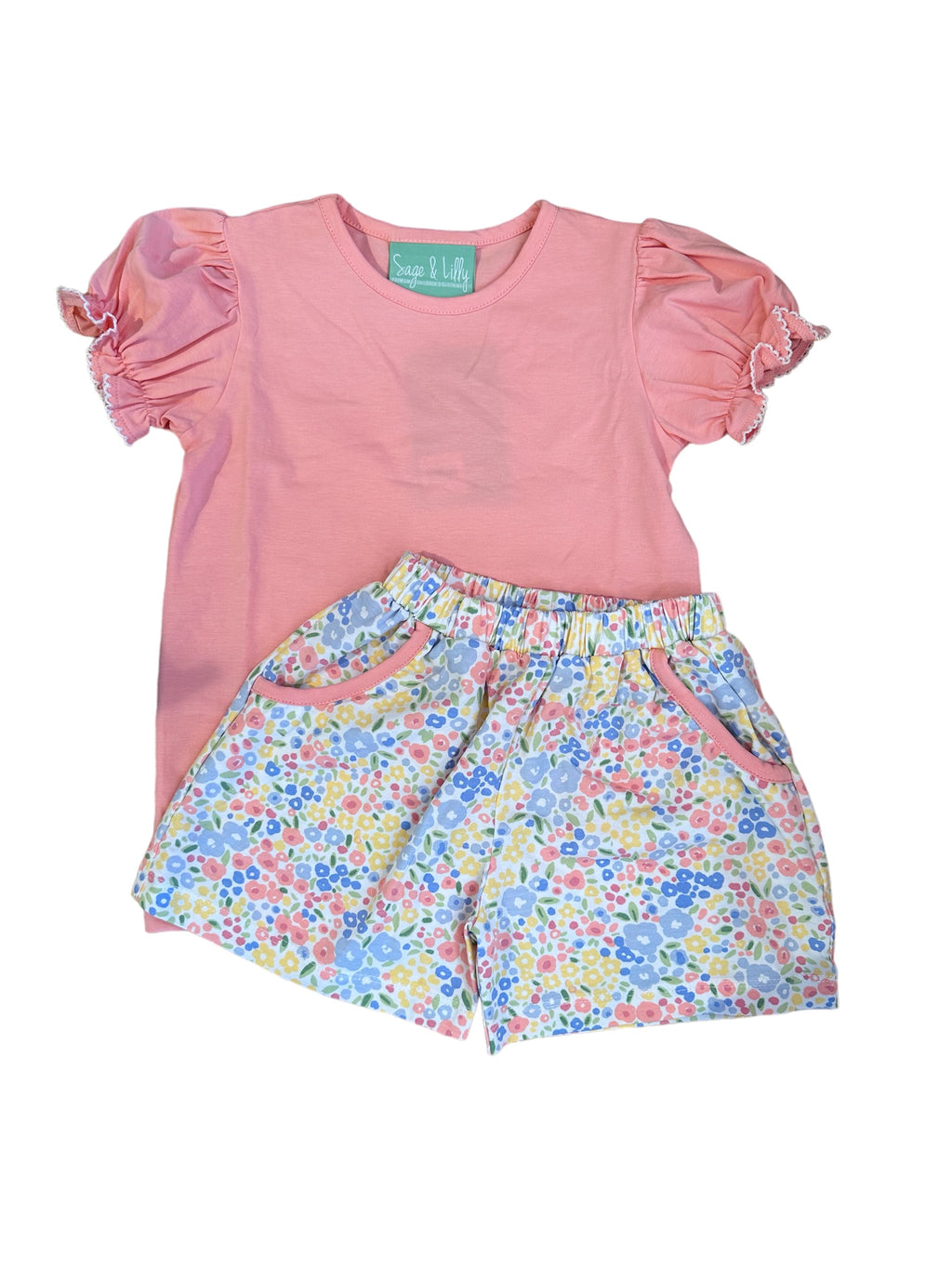 SAGE & LILLY PINK/BLUE FLORAL PUFF SLEEVE TOP/ PLAY SHORTS