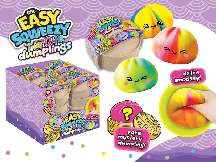 ORB Easy Squeezy Tie Dye Dumplings toy set shown with a retail display box, individual wrapped dumplings, and several loose tie-dye squishy dumplings with cartoon faces on a purple patterned background. A hand is shown squeezing one dumpling to demonstrate elasticity.
