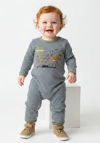 A baby long-sleeve footless romper with navy and white horizontal stripes, olive green trim, and a graphic of a green train and a brown deer on the chest.