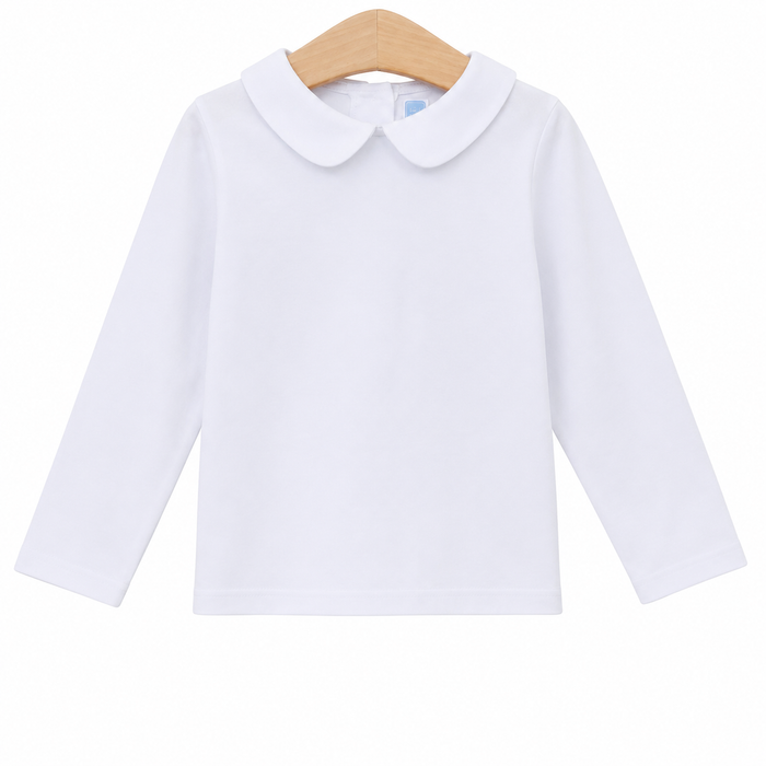 A white long-sleeve baby top with a Peter Pan collar, displayed on a wooden hanger against a plain white background.