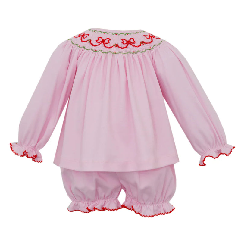 PETIT BEBE RED BOWS PINK KNIT BISHOP BLOOMER SET