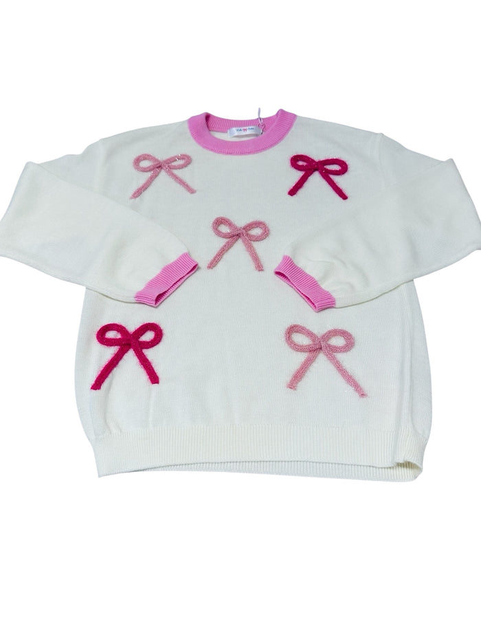 LULU BEBE CREAM SWEATER PINK BOWS TRIM