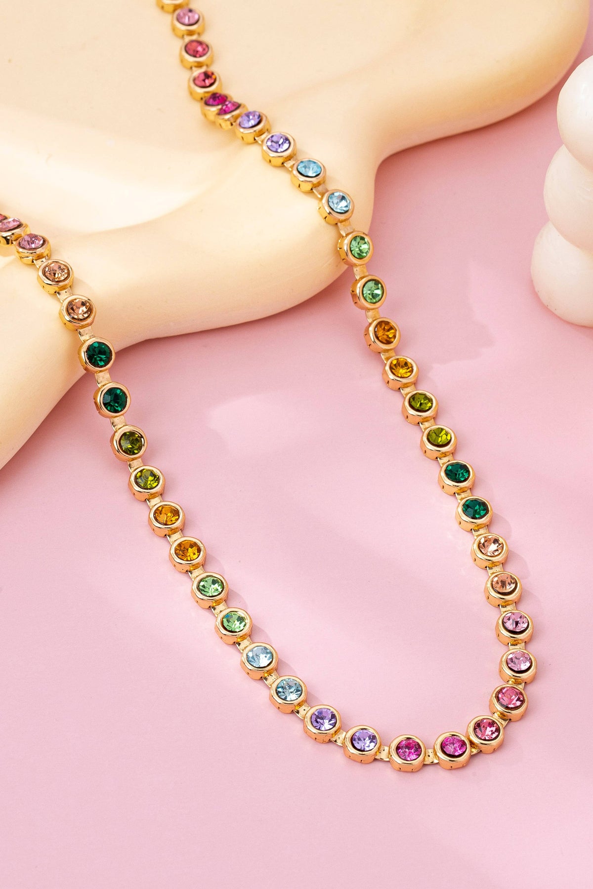 Josslyn  Rainbow Bezel-Set Gemstone Tennis Necklace Gold