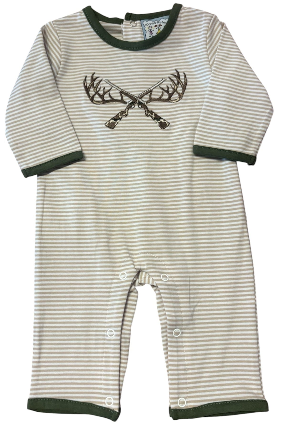 A baby's long-sleeve footless one-piece romper with thin gray and white horizontal stripes, dark green trim on the collar, cuffs, and hem, and a dark green crossed antlers graphic on the chest.