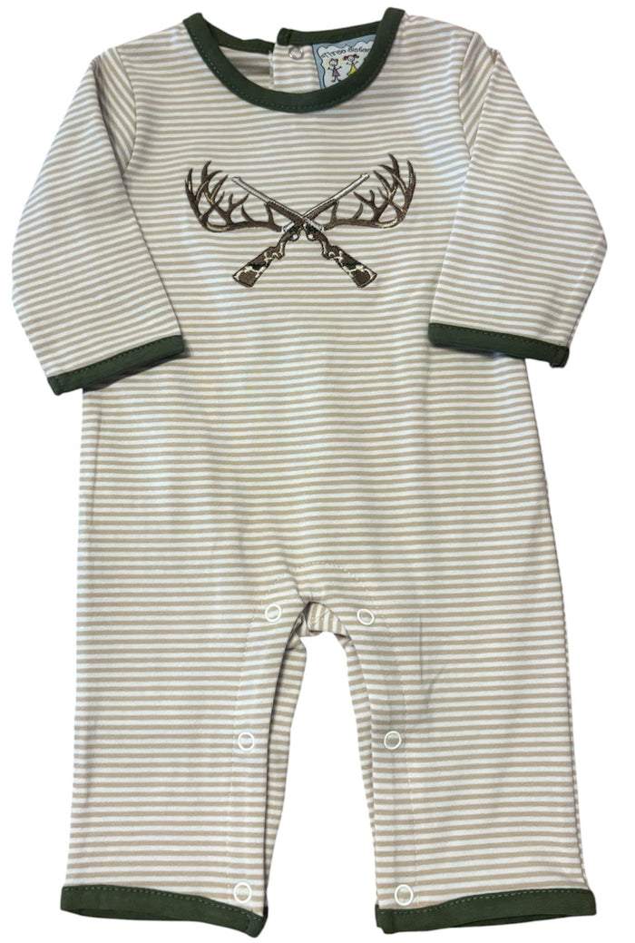 A baby's long-sleeve footless one-piece romper with thin gray and white horizontal stripes, dark green trim on the collar, cuffs, and hem, and a dark green crossed antlers graphic on the chest.