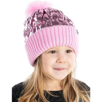 KIDS PUFFER FAUX FUR POM BEANIE METALLIC PINK
