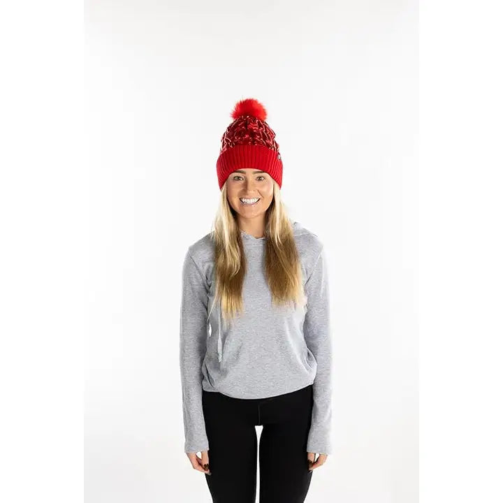 PUFFER FAUX FUR POM BEANIE RED