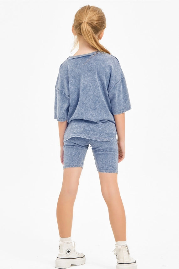 GOOD GIRL MINERAL WASH TOP & BIKER SHORTS DENIM BLUE