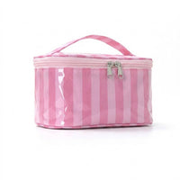 Josslyn Striped Vinyl Cosmetic Makeup Travel Pouch Bags Fushia Pink