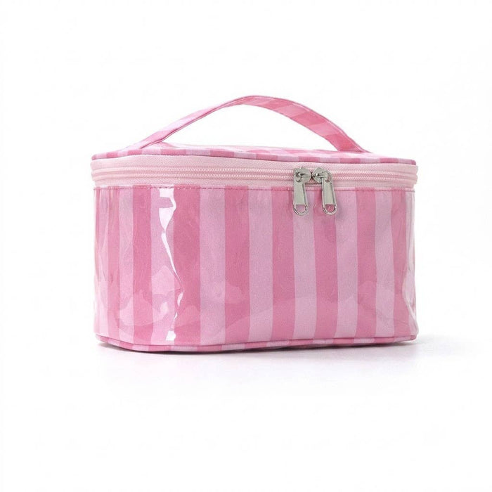 Josslyn Striped Vinyl Cosmetic Makeup Travel Pouch Bags Fushia Pink