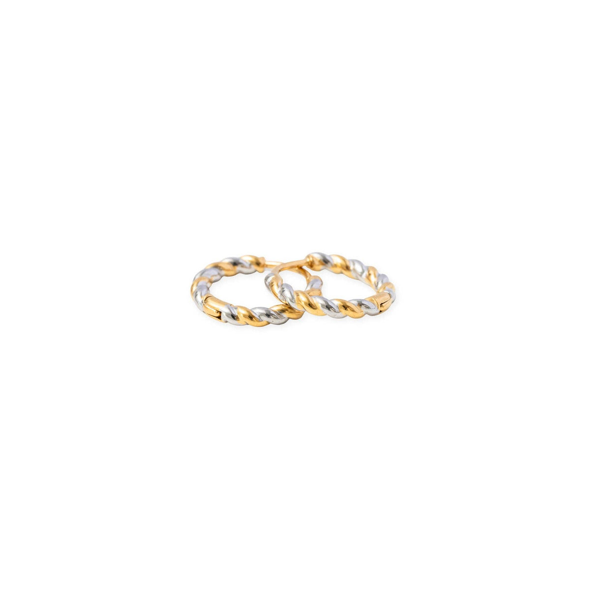 Two interlocking twisted rope-style rings in a two-tone gold and silver finish, shown on a plain white background.