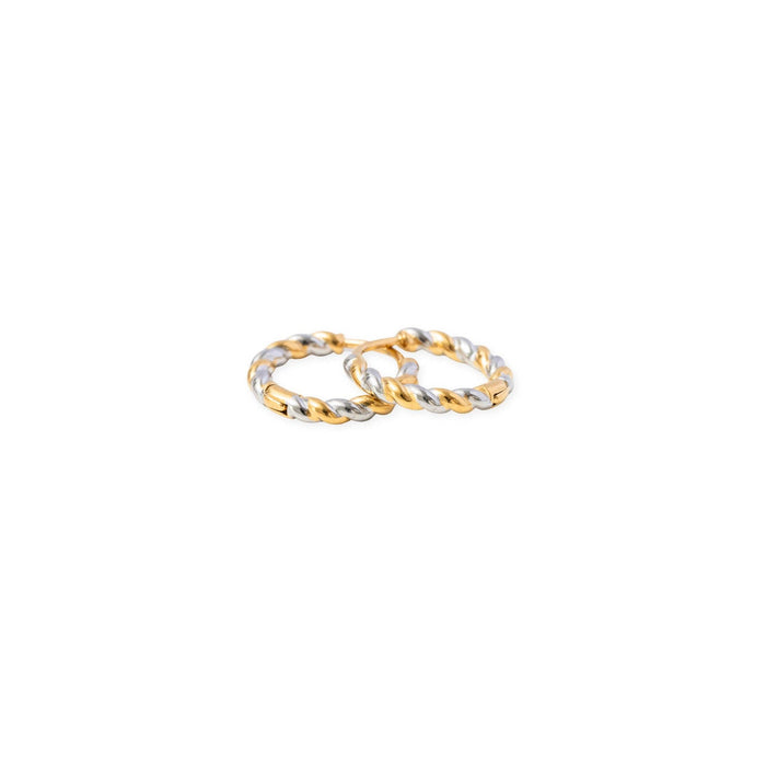Two interlocking twisted rope-style rings in a two-tone gold and silver finish, shown on a plain white background.