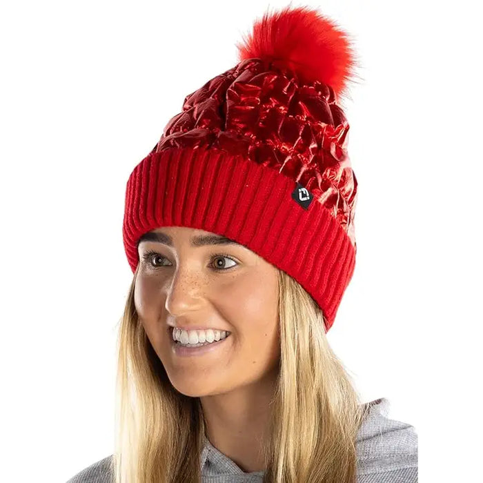 PUFFER FAUX FUR POM BEANIE RED