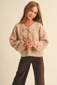 Heart & Arrow Tween Girls Bow Embroidery Sweater