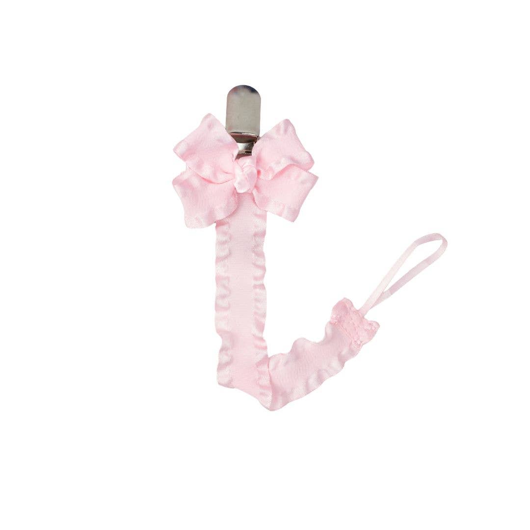 Double Ruffle Pacifier Clip w/ Detachable Bow: Light Pink