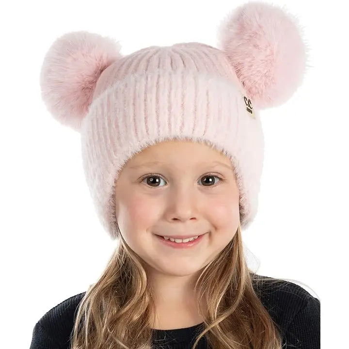 KIDS DOUBLE POM CHENILLE EARFLAP BEANIE LIGHT PINK