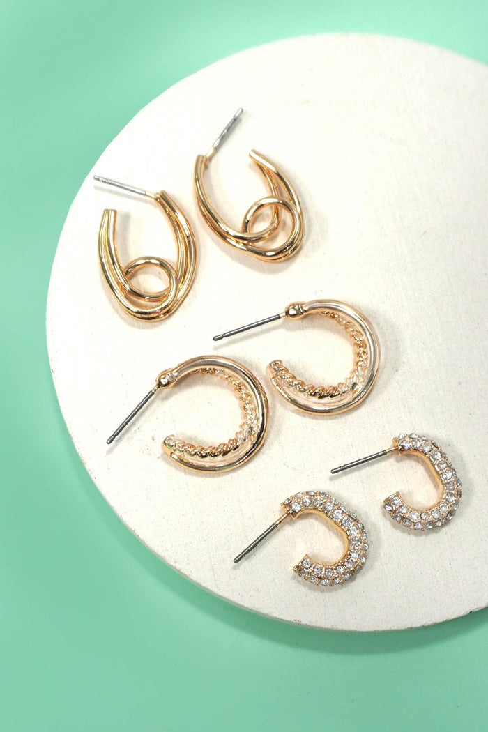 Trio Huggie Hoop Rhinestone Titanium Post Earrings