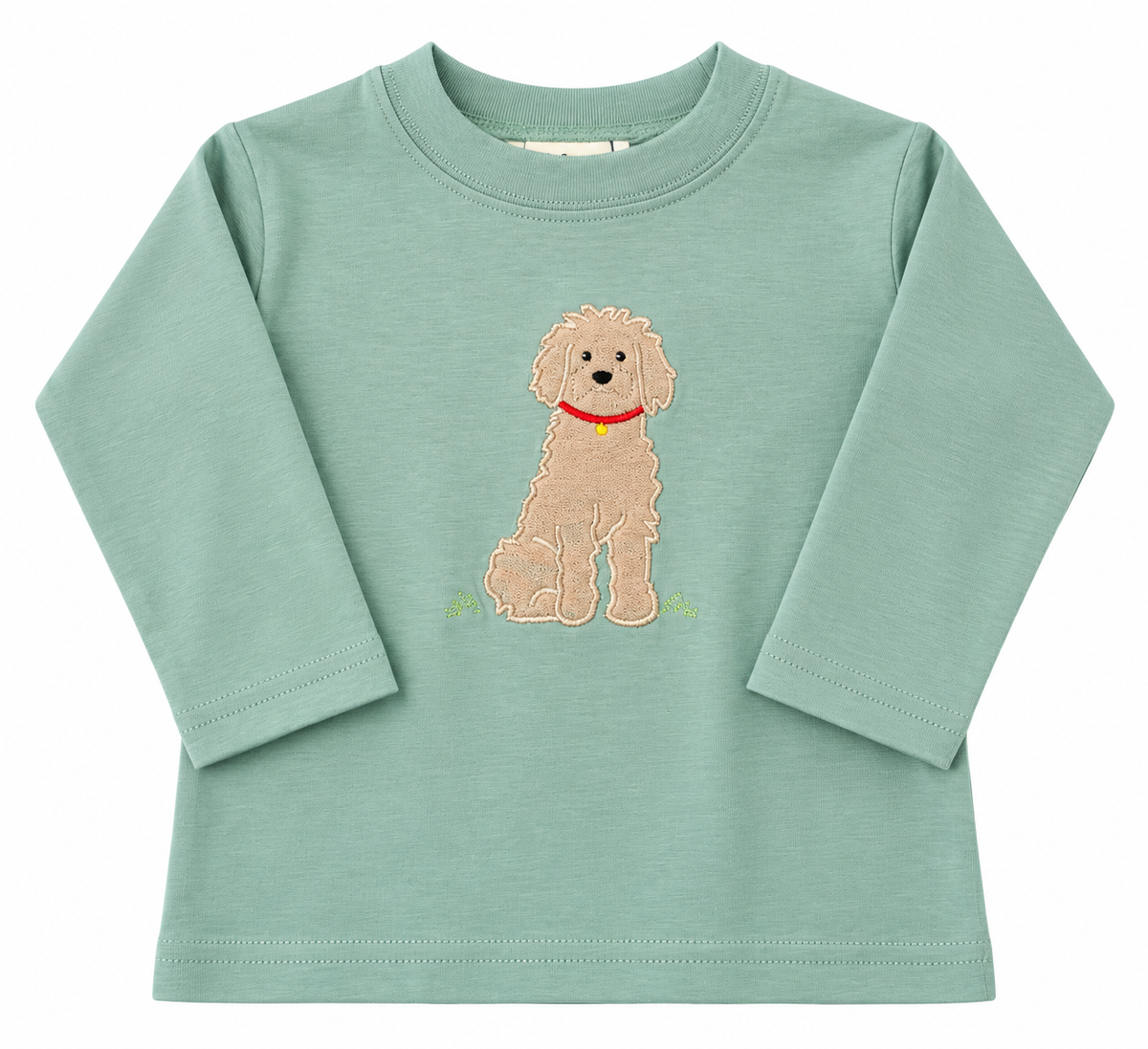 A mint green long-sleeve baby t-shirt featuring an embroidered beige poodle dog wearing a red collar on the front, displayed against a solid white background.