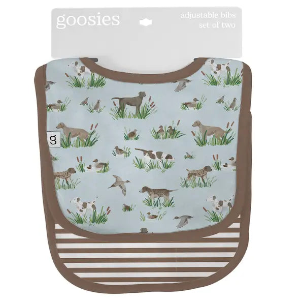 Packaged bib with hunting-themed design and 'goosies' branding.