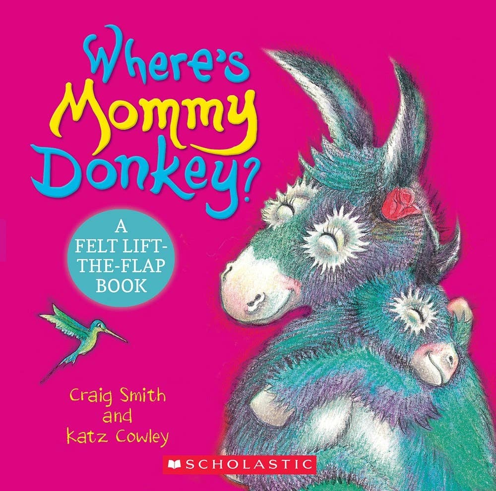Book cover of 'Where's Mommy Donkey?' with a colorful donkey illustration on a pink background.